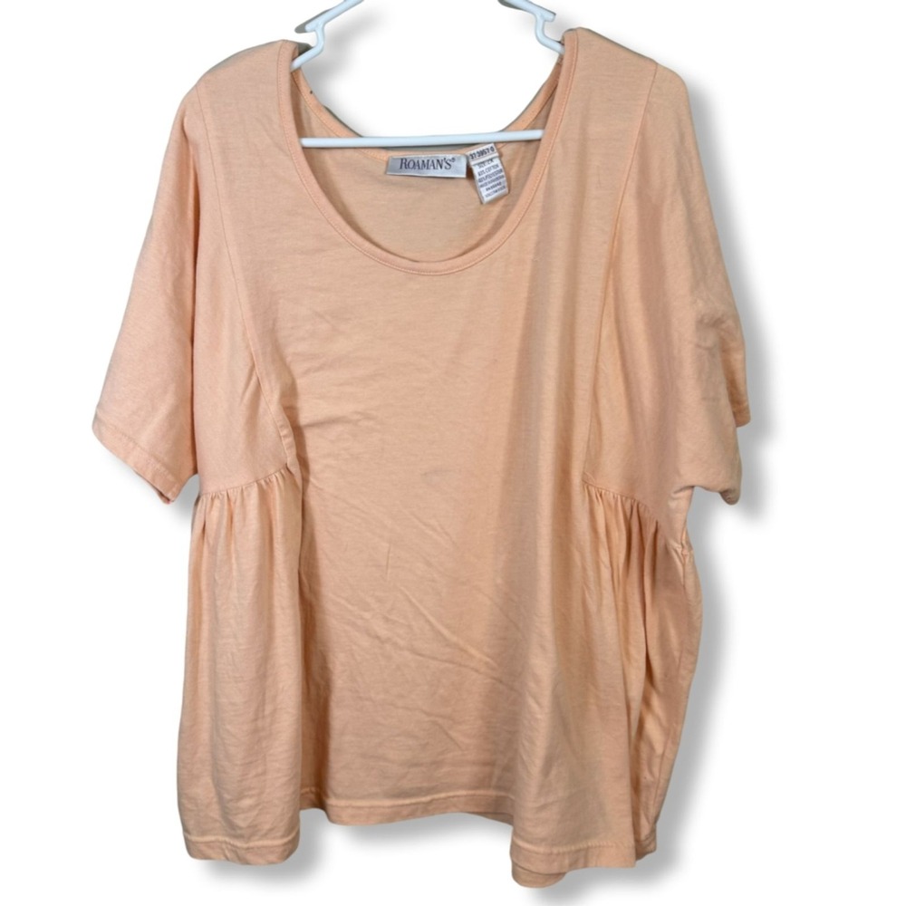 Roaman's Women's Blouse 2X Peach Pink Knit Pullover Short Sleeve Tunic Plus Size